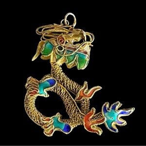 Vintage Chinese Export Sterling Silver Vermeil Cloisonné Dragon Pendant